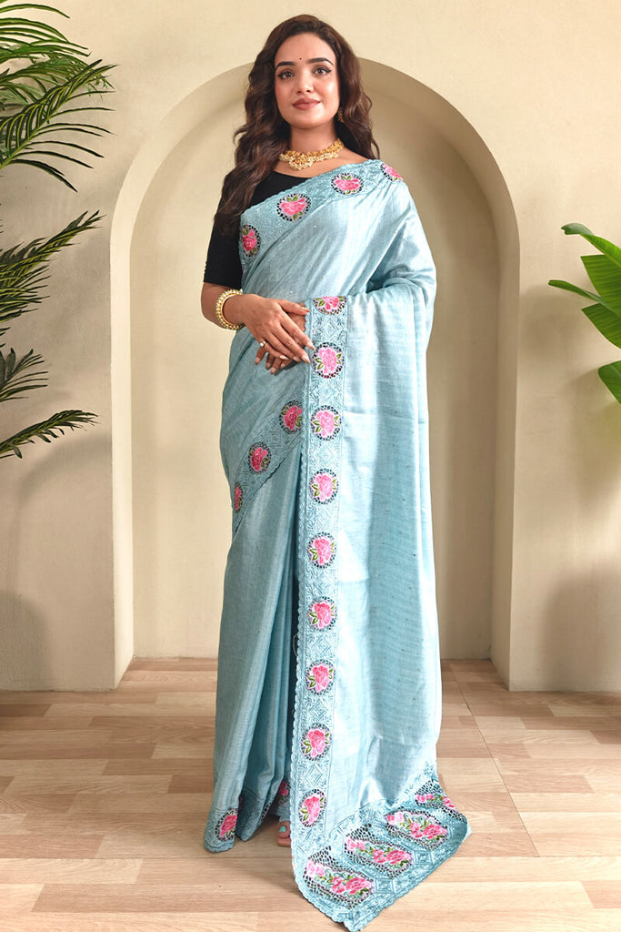 Blizzard Blue Cutwork Embroidered Tussar Silk Saree