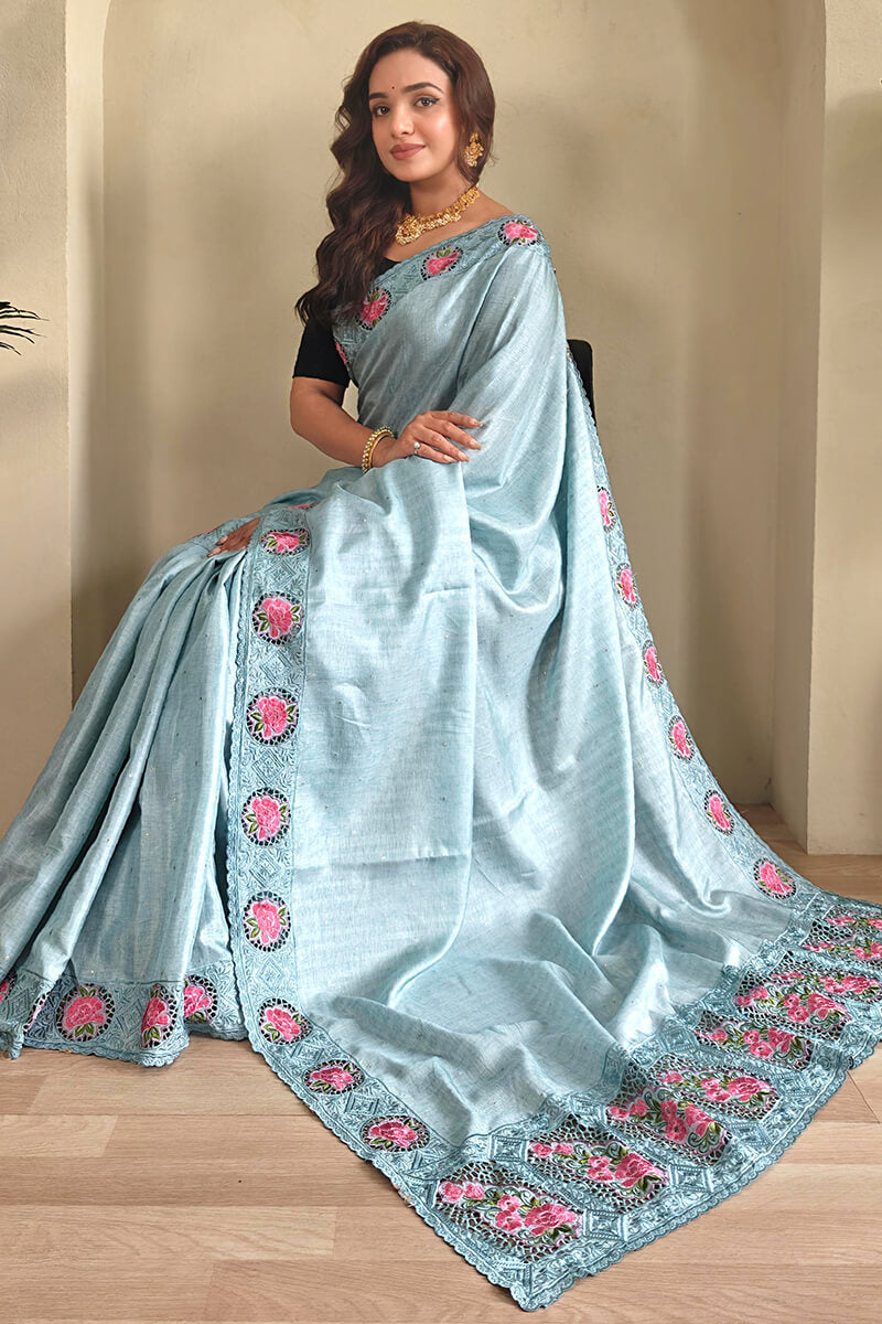 Blizzard Blue Cutwork Embroidered Tussar Silk Saree