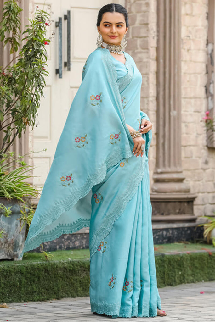 Blizzard Blue Embroidered Work Cotton Saree