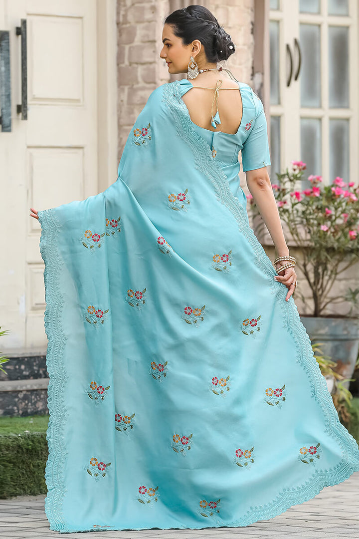 Blizzard Blue Embroidered Work Cotton Saree