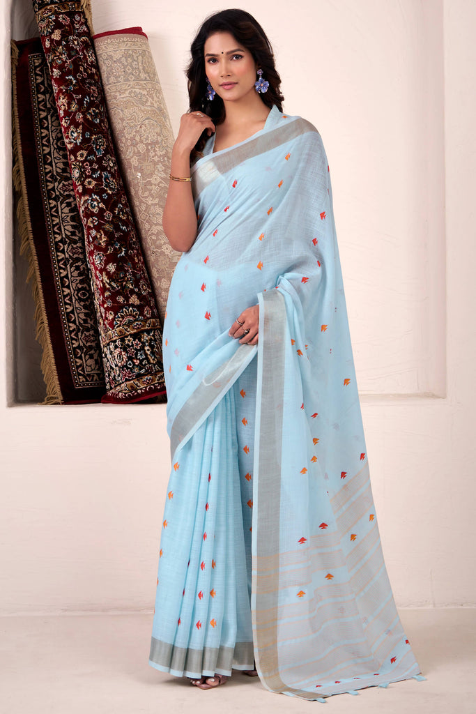 Blizzard Blue Linen Cotton Silk Saree