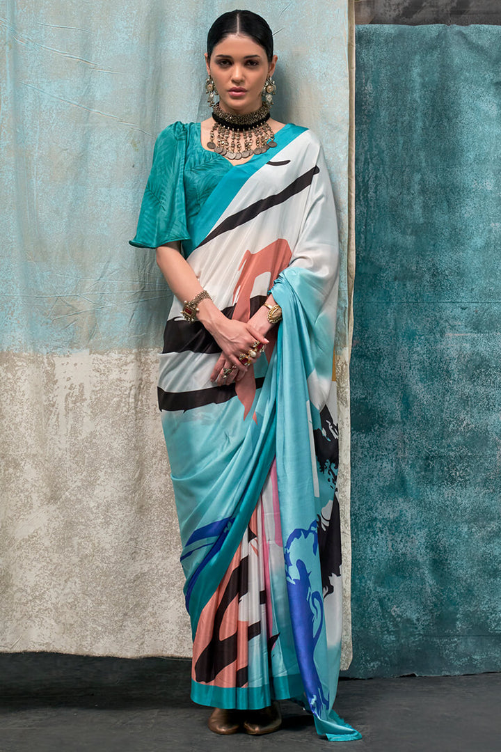 Blizzard Blue Printed Crape Silk Saree