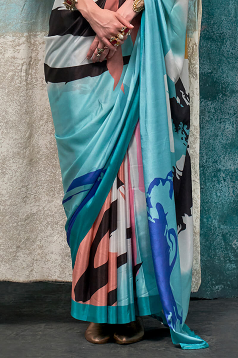 Blizzard Blue Printed Crape Silk Saree