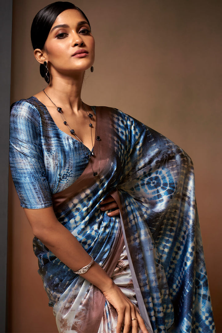 Blue and Brown Printed Satin Silk Saree