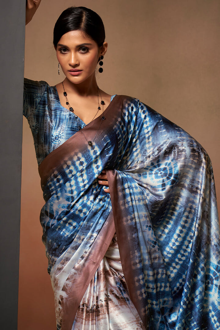 Blue and Brown Printed Satin Silk Saree