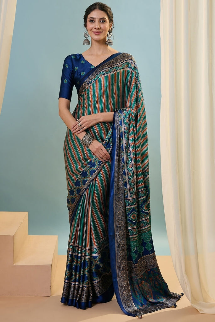 Blue and Green Ajrakh Printed Satin Silk Saree