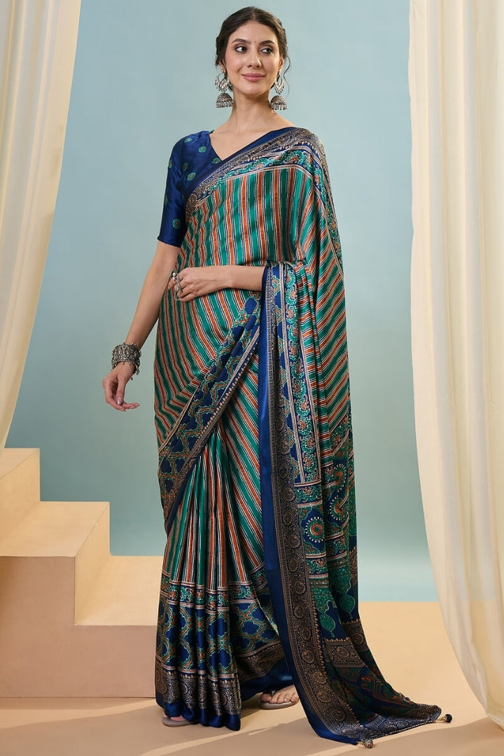 Blue and Green Ajrakh Printed Satin Silk Saree