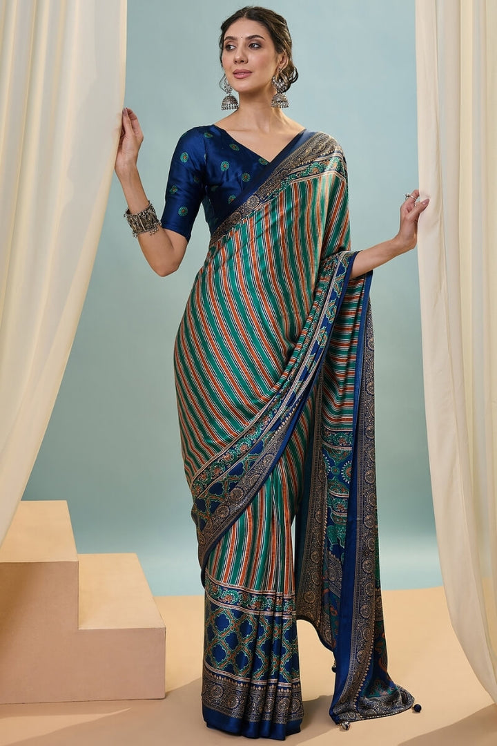 Blue and Green Ajrakh Printed Satin Silk Saree