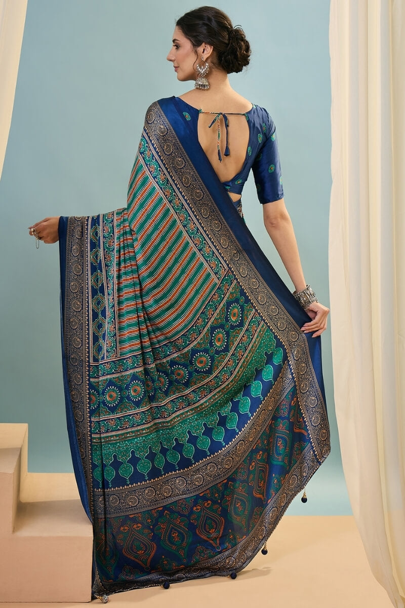Blue and Green Ajrakh Printed Satin Silk Saree