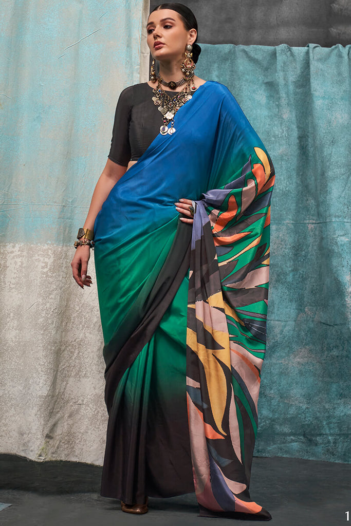 Blue and Green Printed Crape Silk Saree