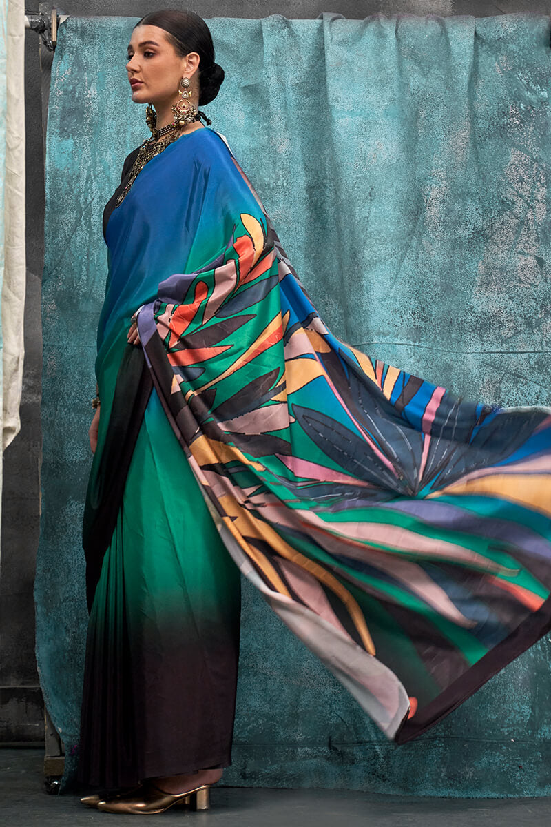 Blue and Green Printed Crape Silk Saree