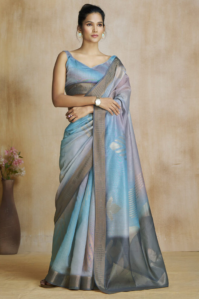 Blue and Grey Silk Saree with Digital Print