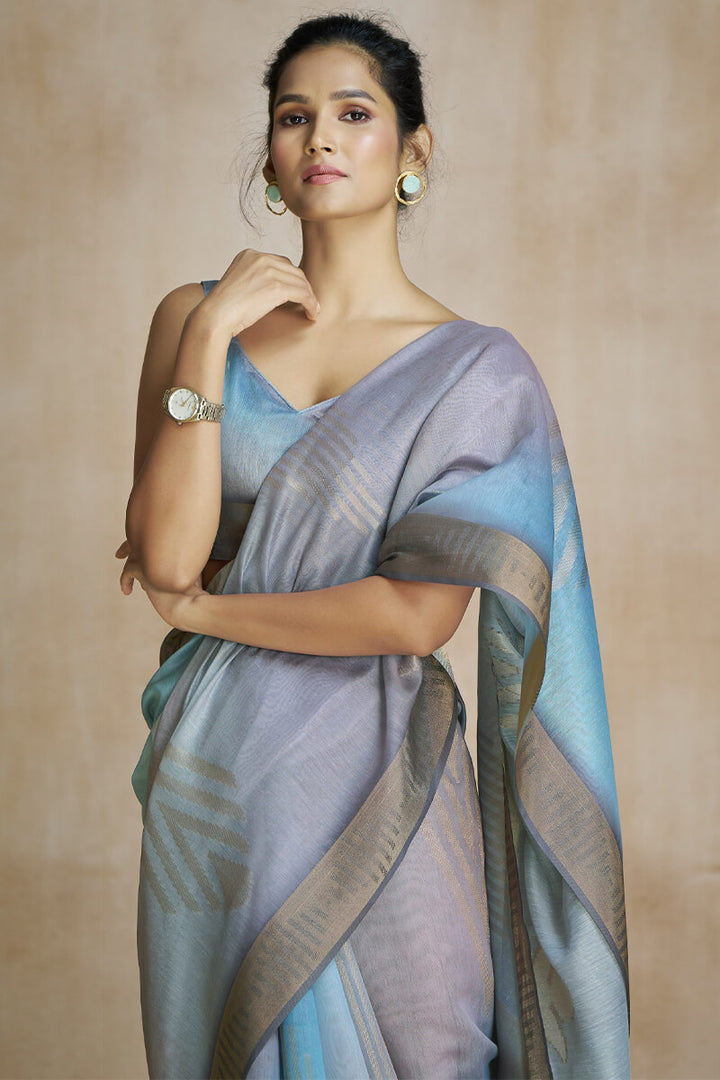 Blue and Grey Silk Saree with Digital Print