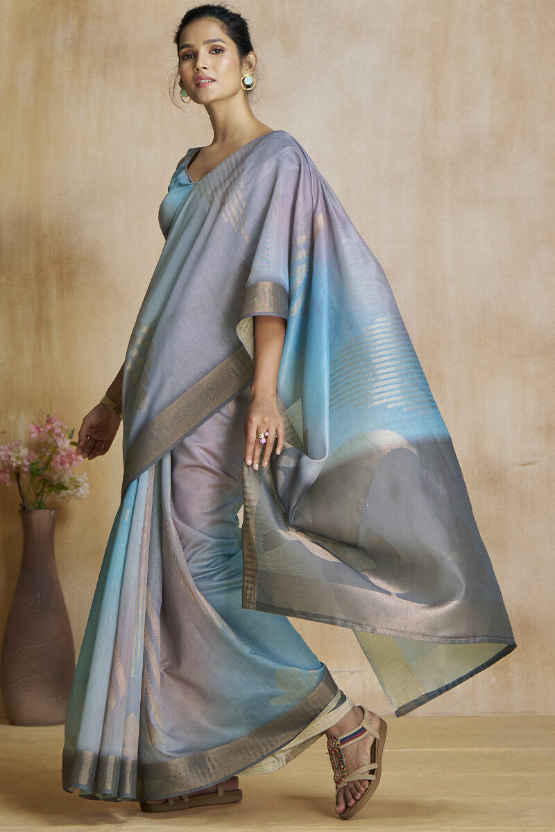 Blue and Grey Silk Saree with Digital Print