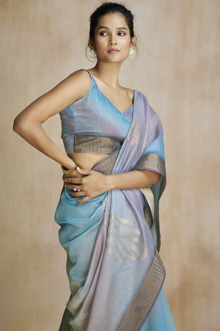 Blue and Grey Silk Saree with Digital Print