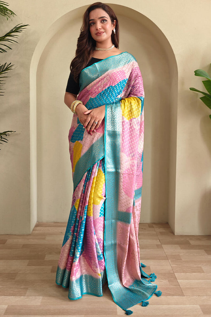 Blue and Multi Color Printed Georgette Woven saree