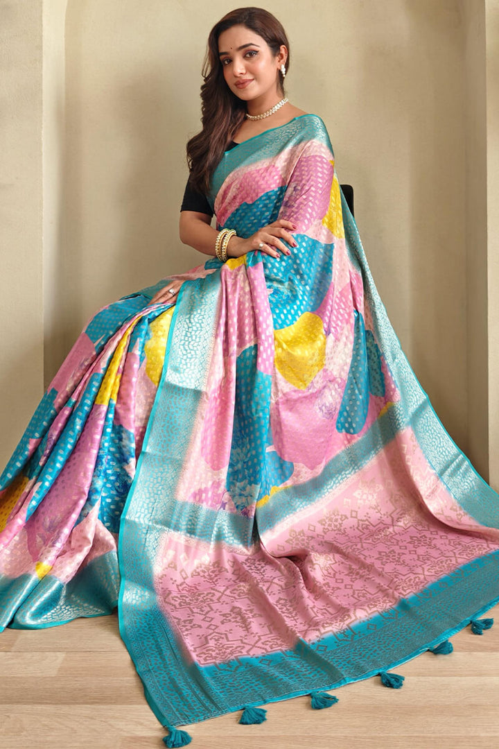 Blue and Multi Color Printed Georgette Woven saree