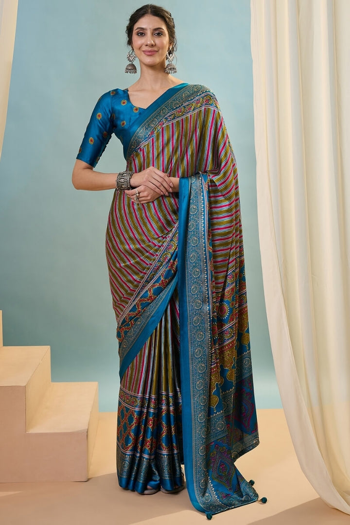 Blue and Mustard Ajrakh Printed Satin Silk Saree