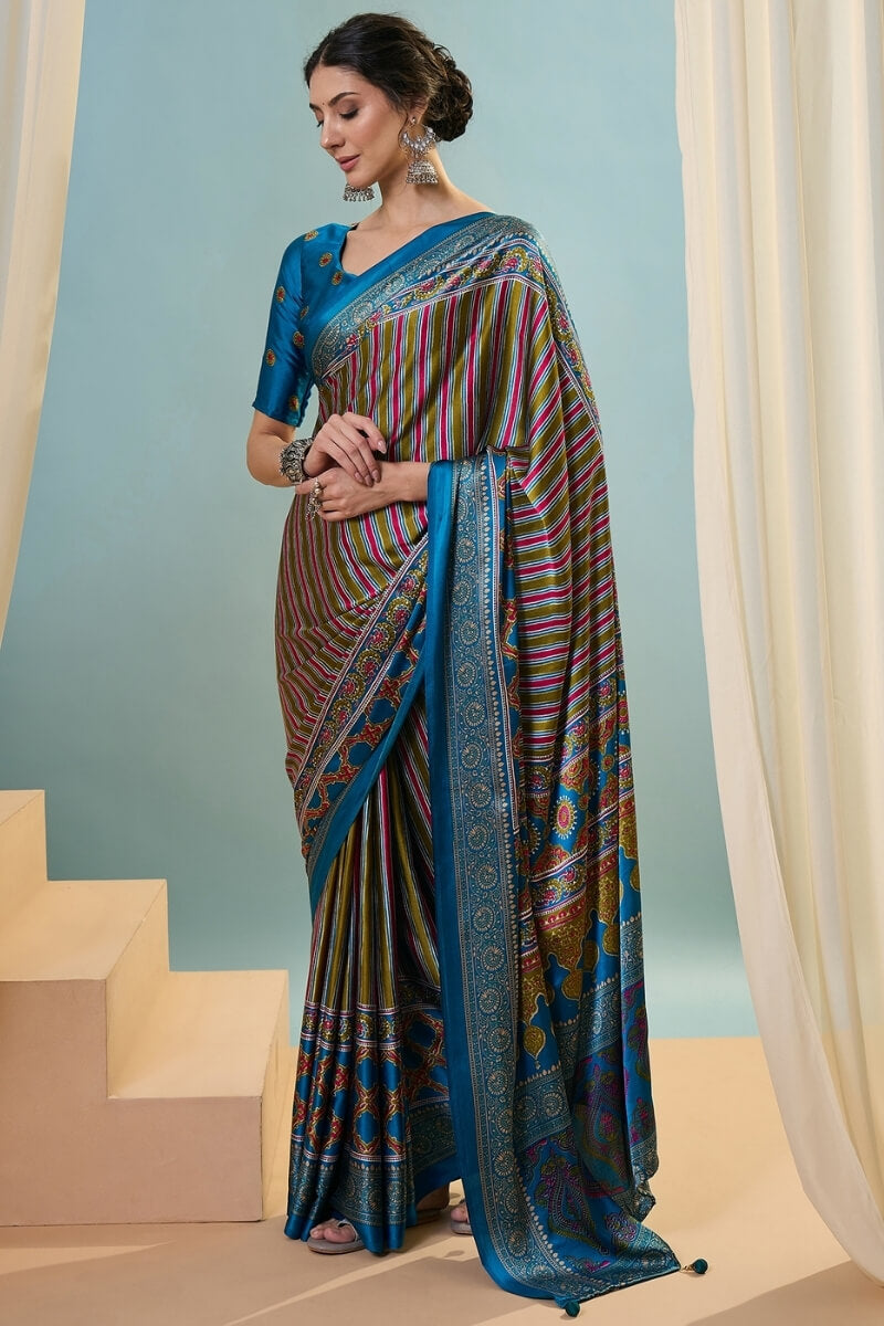 Blue and Mustard Ajrakh Printed Satin Silk Saree