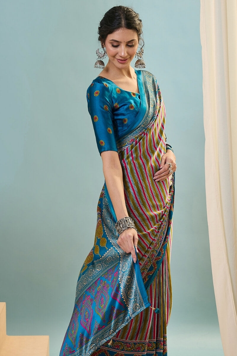 Blue and Mustard Ajrakh Printed Satin Silk Saree