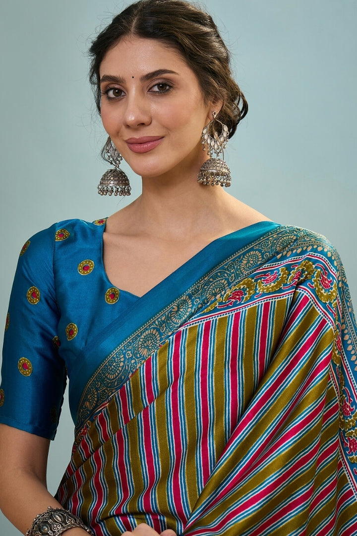 Blue and Mustard Ajrakh Printed Satin Silk Saree