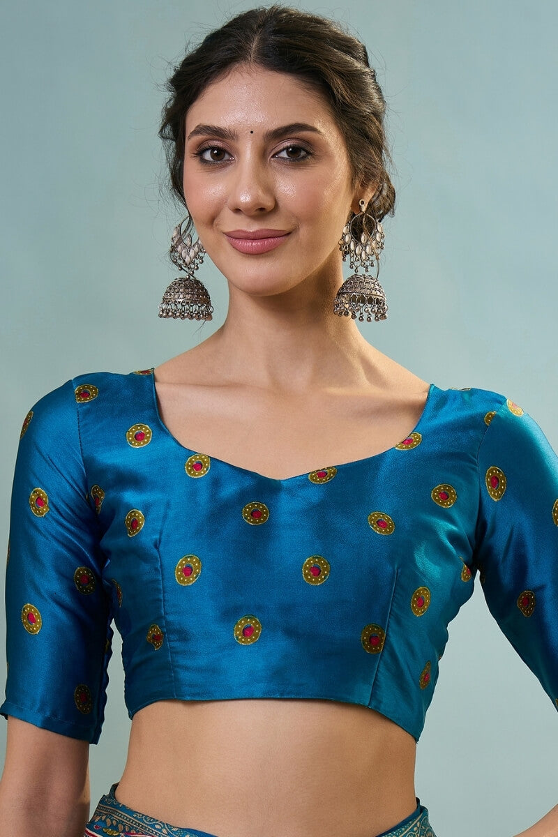 Blue and Mustard Ajrakh Printed Satin Silk Saree