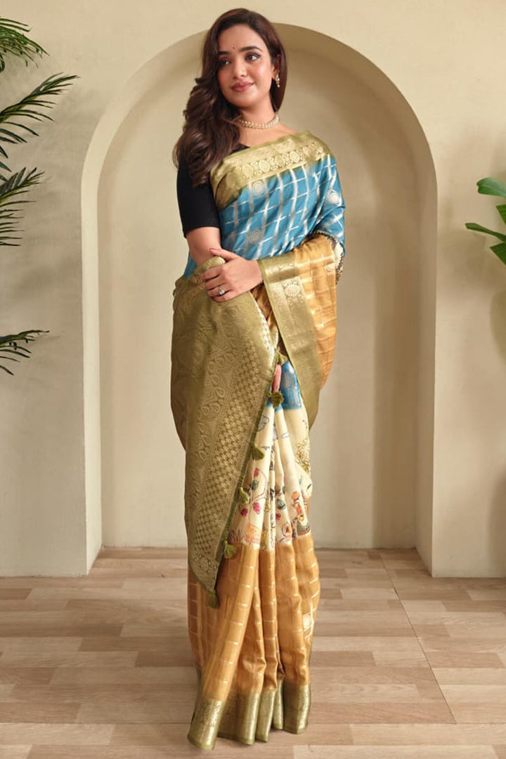 Blue and Mustard Printed Zari Woven Georgette Silk Saree