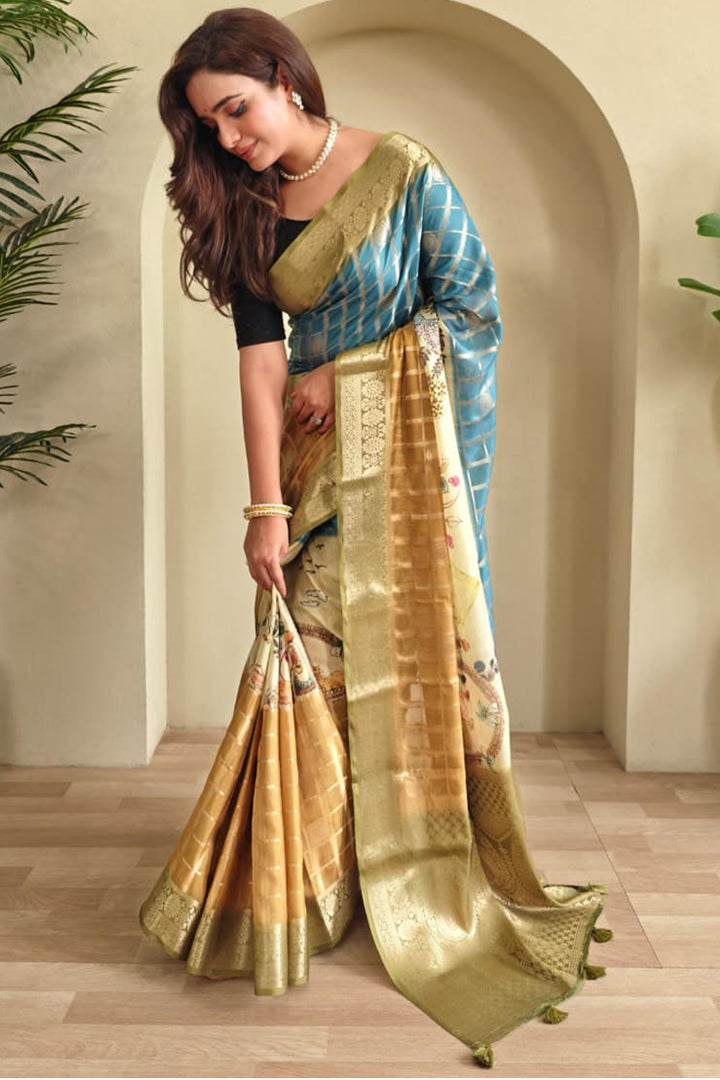 Blue and Mustard Printed Zari Woven Georgette Silk Saree
