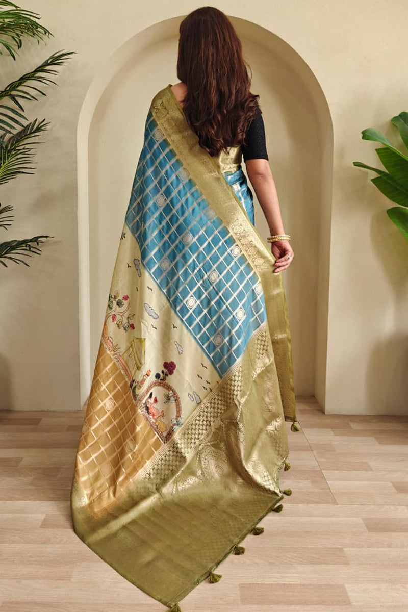Blue and Mustard Printed Zari Woven Georgette Silk Saree
