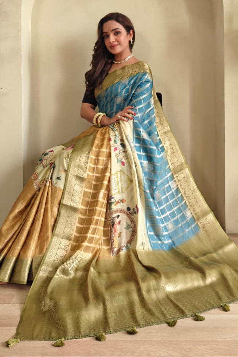 Blue and Mustard Printed Zari Woven Georgette Silk Saree