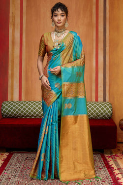 Blue and Mustard Zari Handloom Soft Banarasi Silk Saree