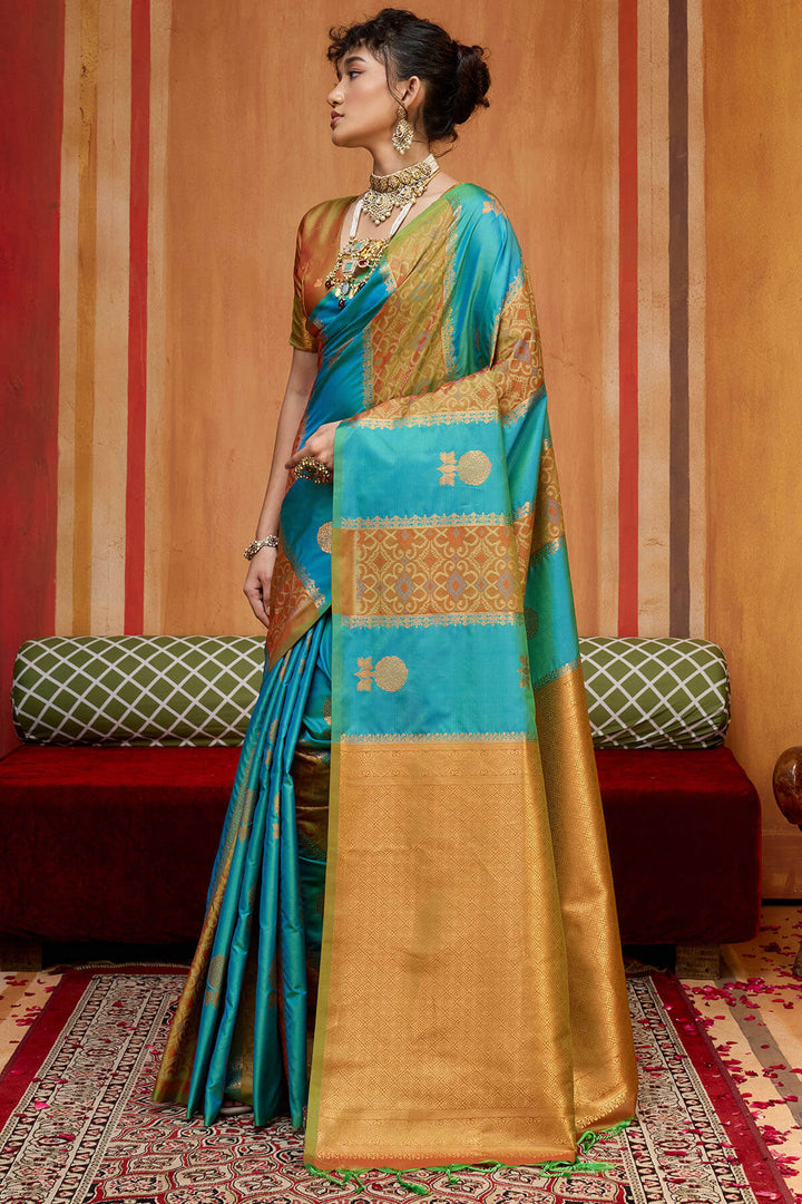 Blue and Mustard Zari Handloom Soft Banarasi Silk Saree