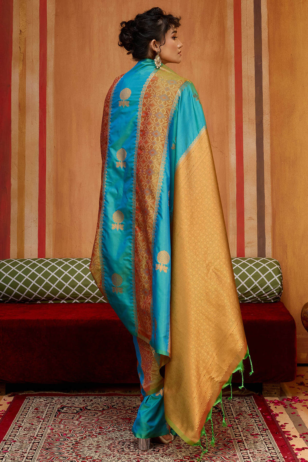 Blue and Mustard Zari Handloom Soft Banarasi Silk Saree