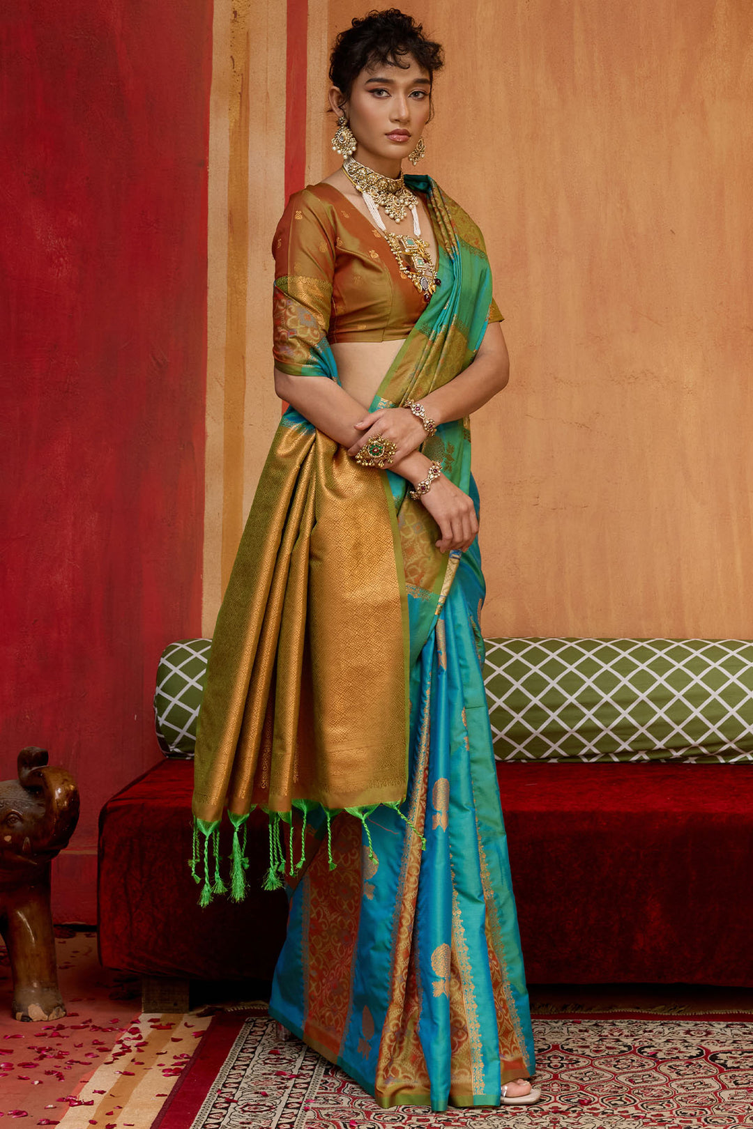 Blue and Mustard Zari Handloom Soft Banarasi Silk Saree