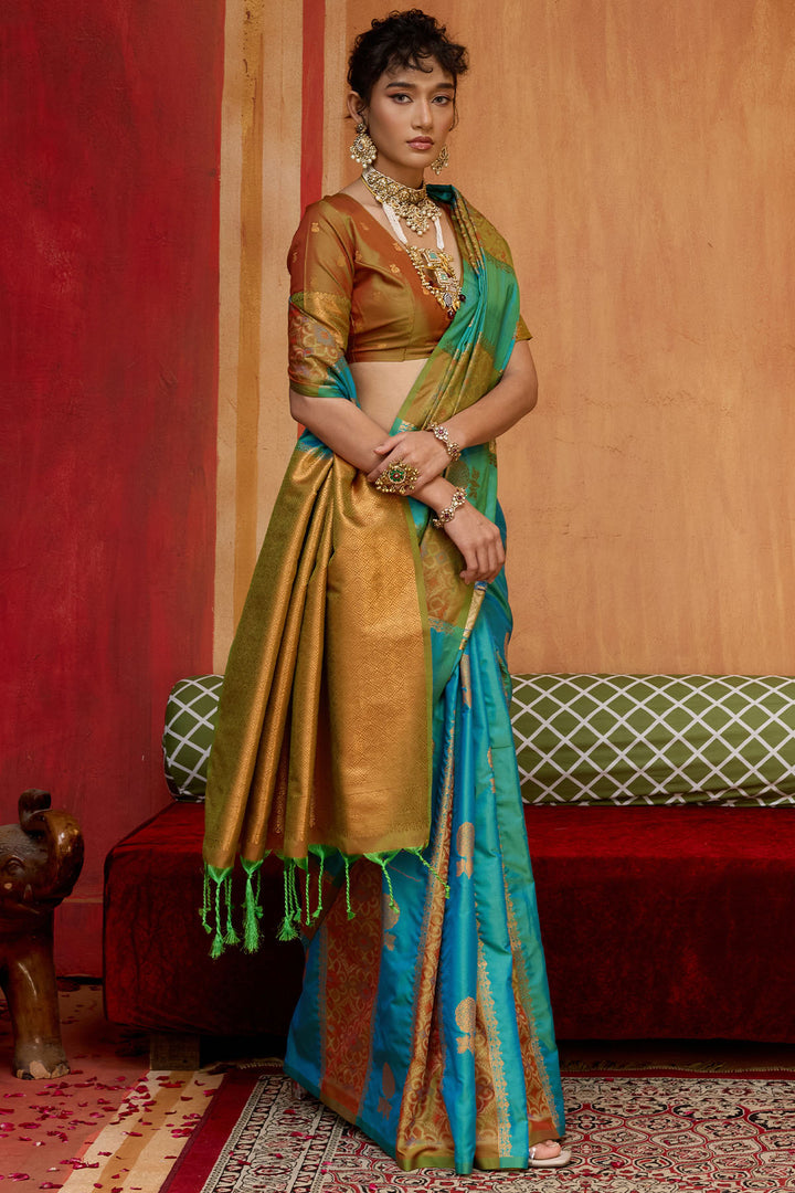 Blue and Mustard Zari Handloom Soft Banarasi Silk Saree