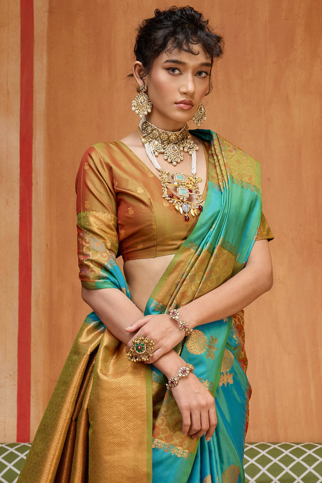 Blue and Mustard Zari Handloom Soft Banarasi Silk Saree