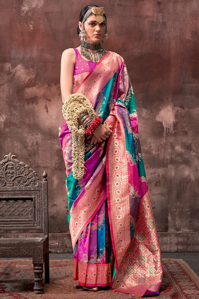 Blue and Pink Handloom Banarasi Silk Saree