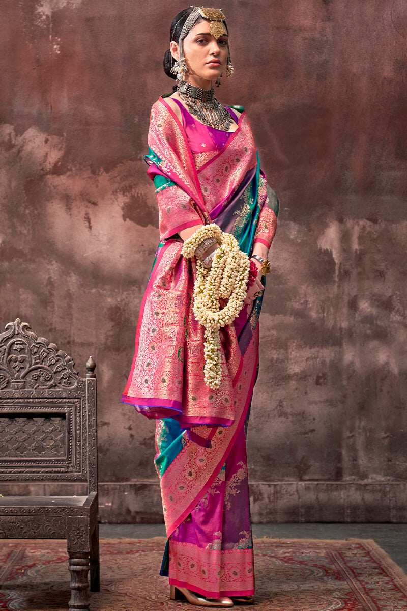 Blue and Pink Handloom Banarasi Silk Saree