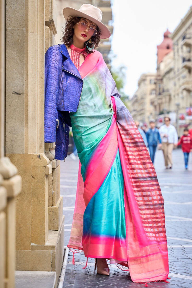 Blue and Pink Printed Silk Saree