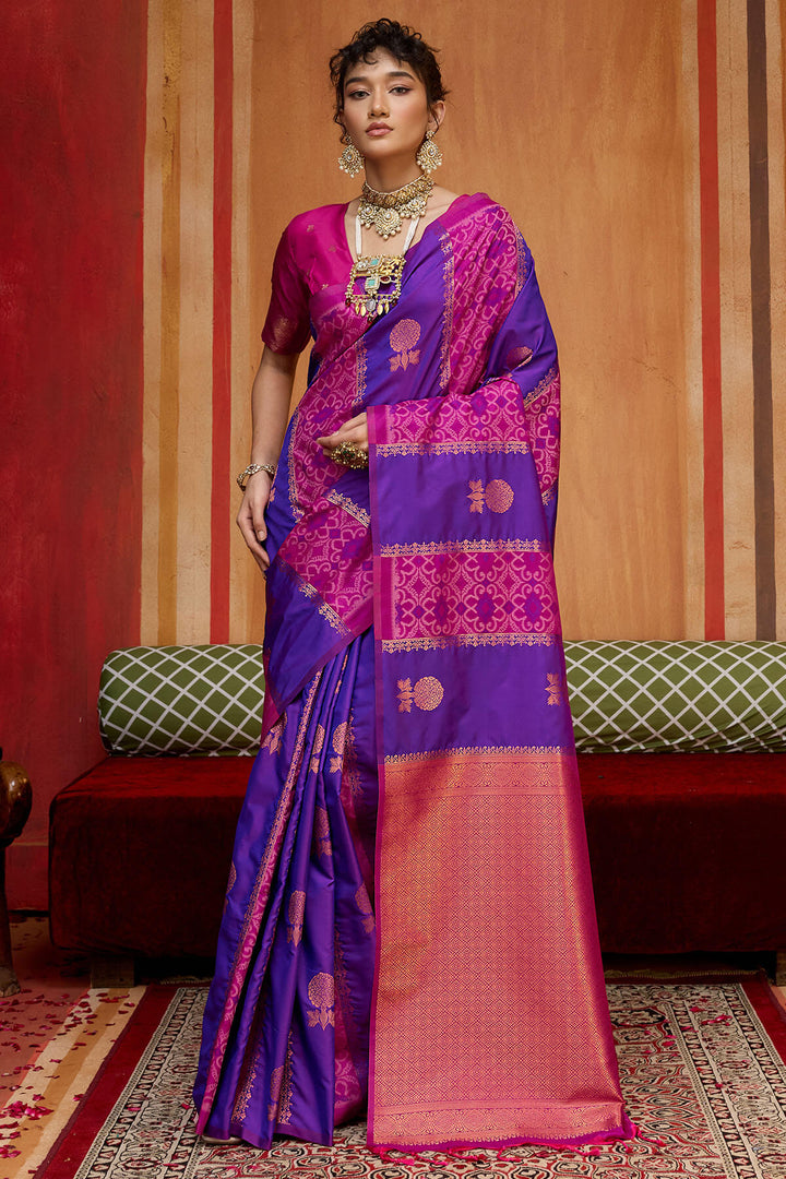 Blue and Pink Zari Handloom Soft Banarasi Silk Saree