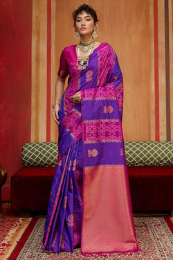 Blue and Pink Zari Handloom Soft Banarasi Silk Saree
