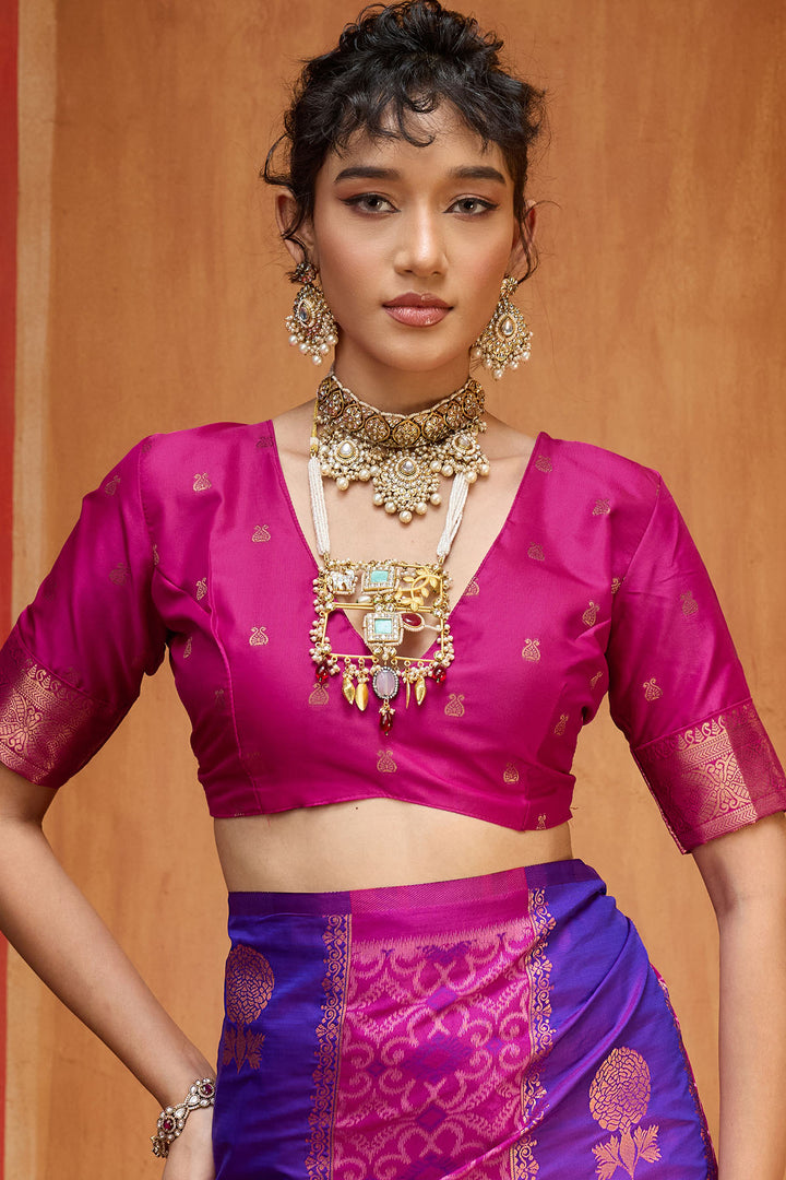 Blue and Pink Zari Handloom Soft Banarasi Silk Saree