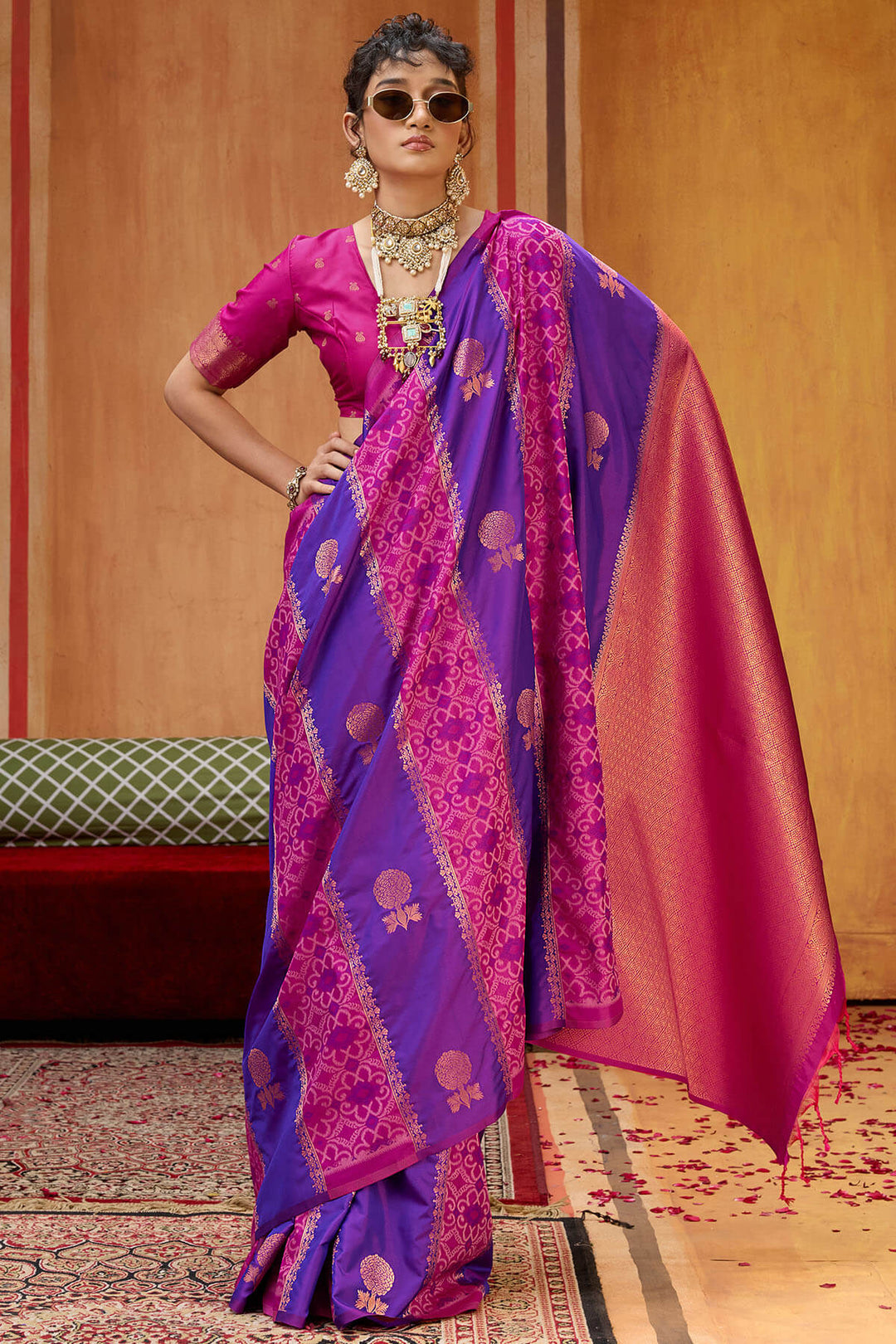 Blue and Pink Zari Handloom Soft Banarasi Silk Saree
