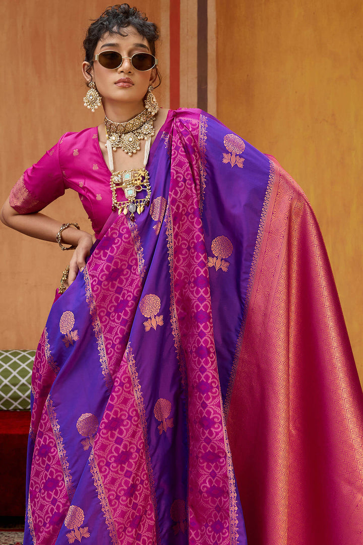 Blue and Pink Zari Handloom Soft Banarasi Silk Saree
