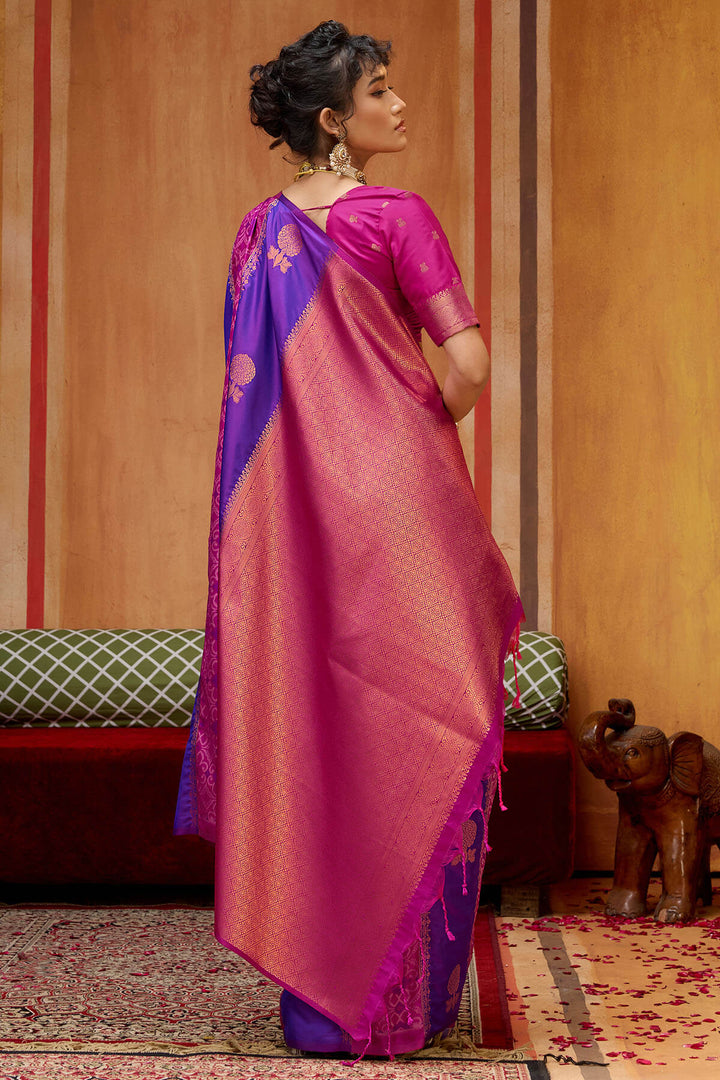 Blue and Pink Zari Handloom Soft Banarasi Silk Saree