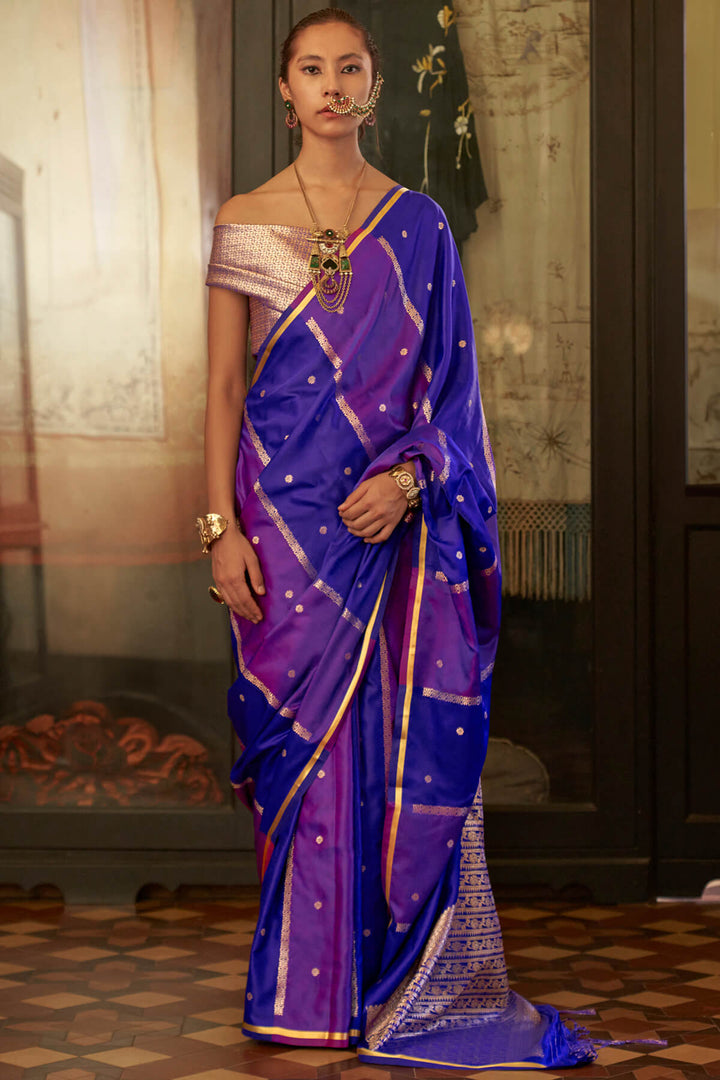 Blue and Purple Banarasi satin silk saree
