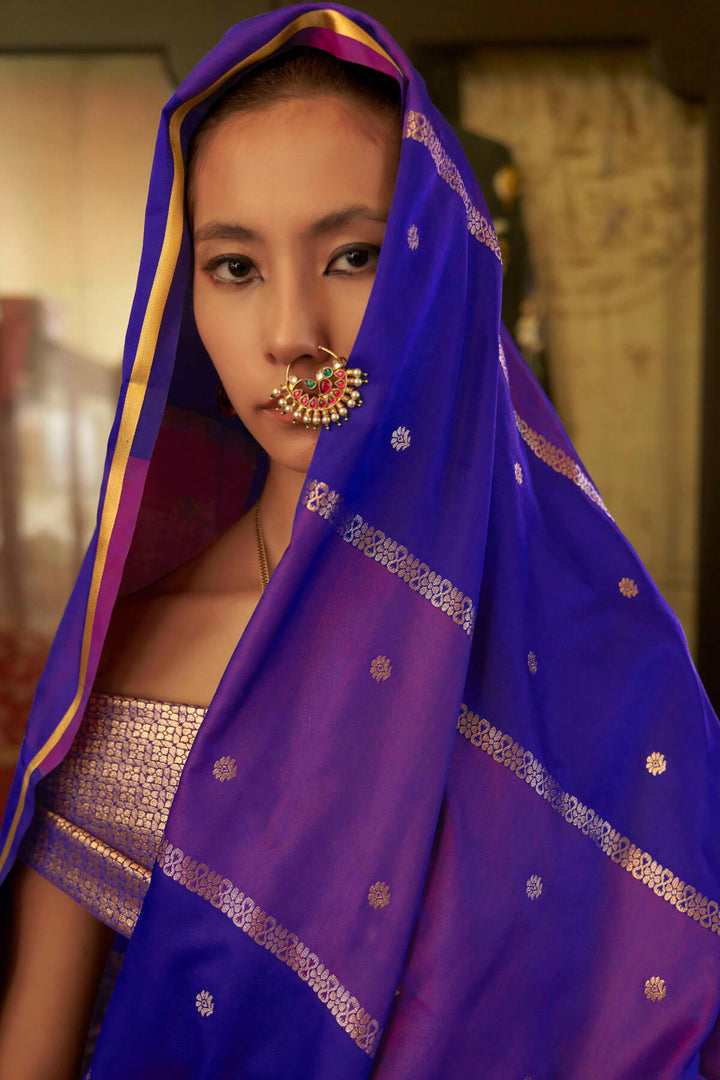 Blue and Purple Banarasi satin silk saree