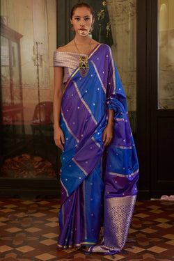 Blue and Wine Banarasi satin silk saree