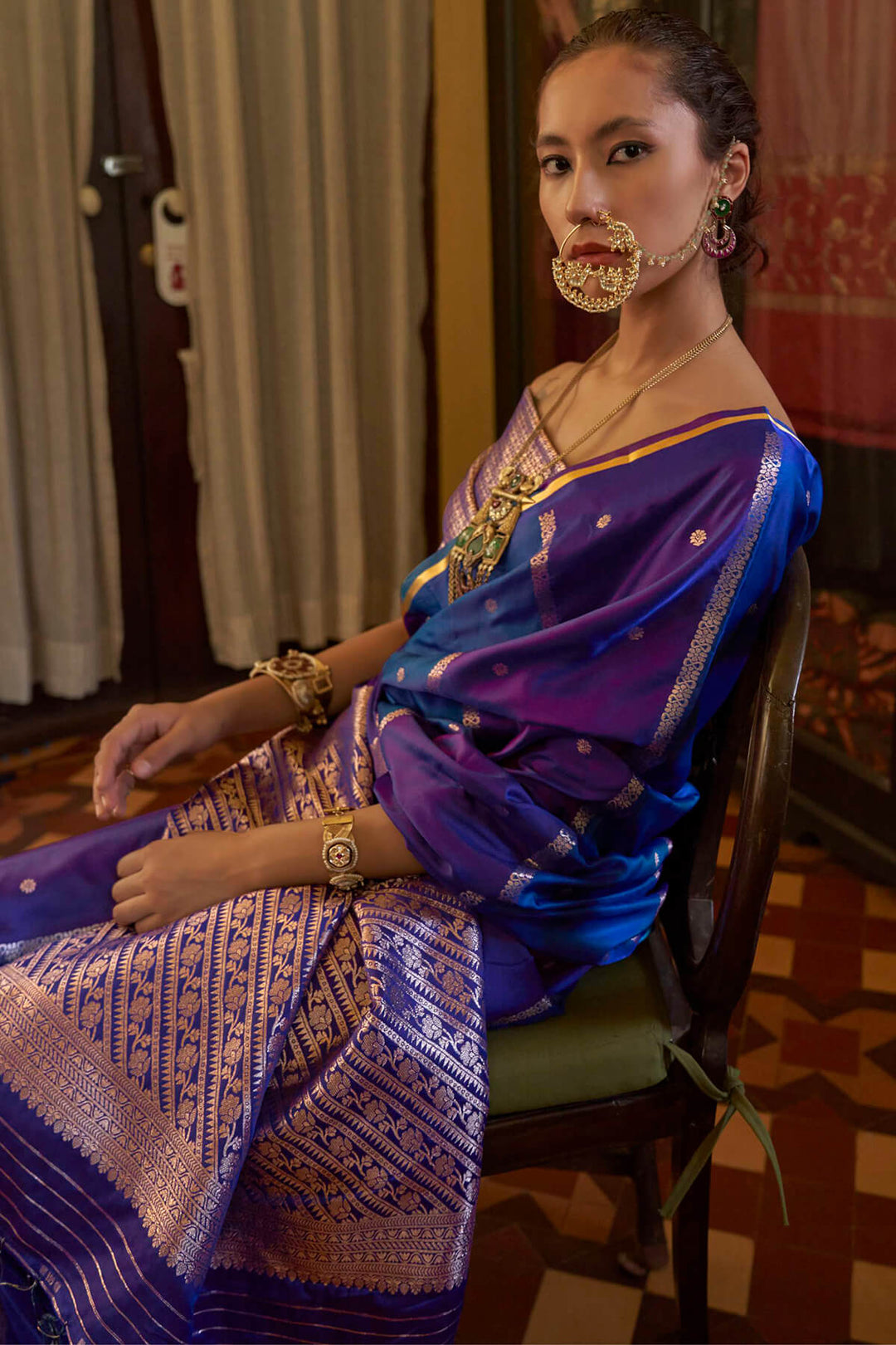 Blue and Wine Banarasi satin silk saree