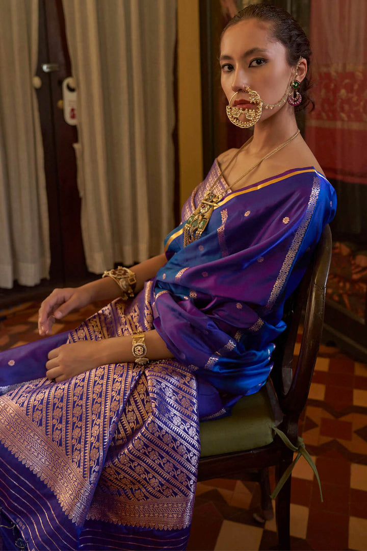 Blue and Wine Banarasi satin silk saree